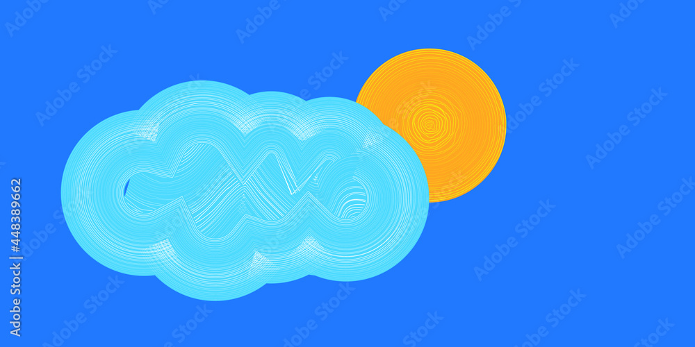 Minimal art . Sun and cumulus clouds . Vector background
