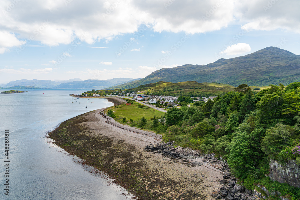 The village of Kyleakin on the Isle of Skye, viewed from the Skye Road Bridge, Loch Alsh, Scotland, UK
