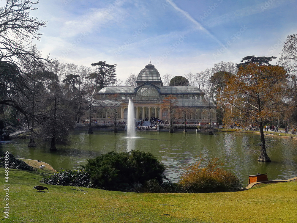 The Glass Palace and lake in the Retiro Park in Madrid 