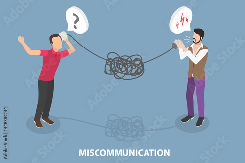 3D Isometric Flat Vector Conceptual Illustration of Miscommunication, Communication Barriers in Conversation Between People