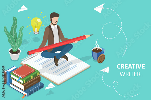 3D Isometric Flat Vector Conceptual Illustration of Creative Writer , Engaging Content Creating and Storytelling