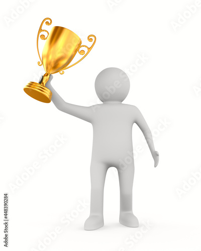 man with trophy cup on whit...