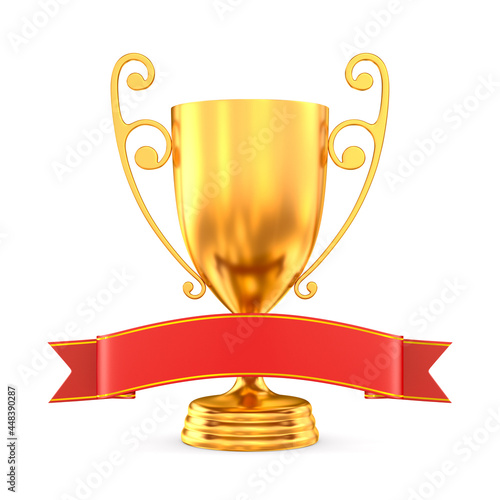 gold trophy cup and red rib...