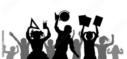 Back to school. Happy school children with school supplies on background of cheerful crowd of children. Silhouette. Vector illustration.
