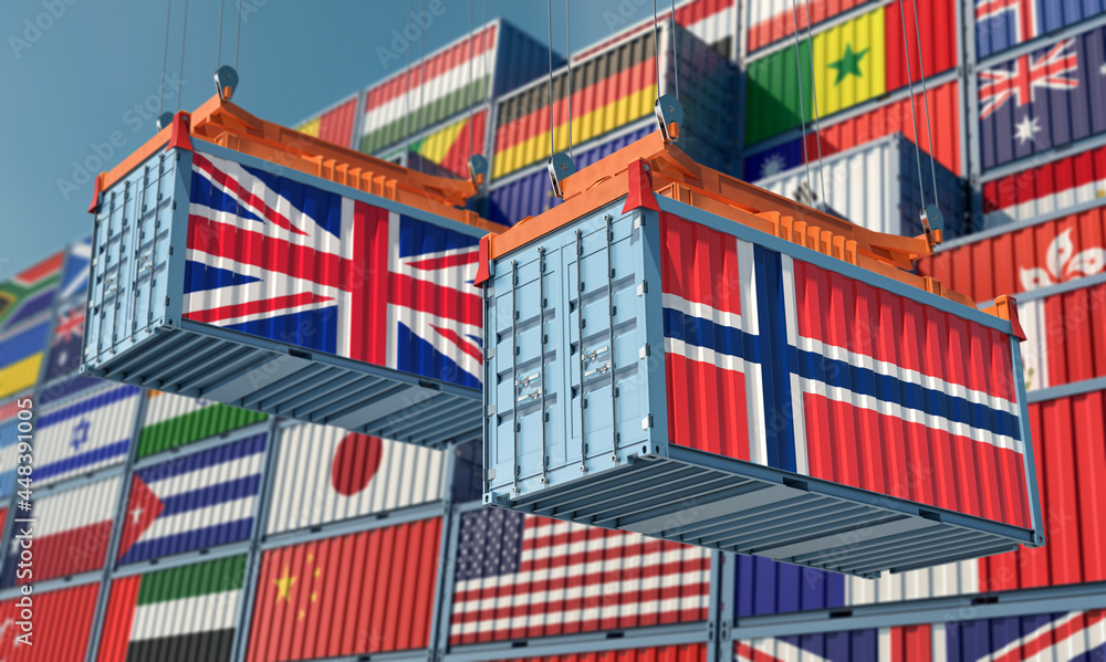 Freight containers with United Kingdom and Norway flag. 3D Rendering 
