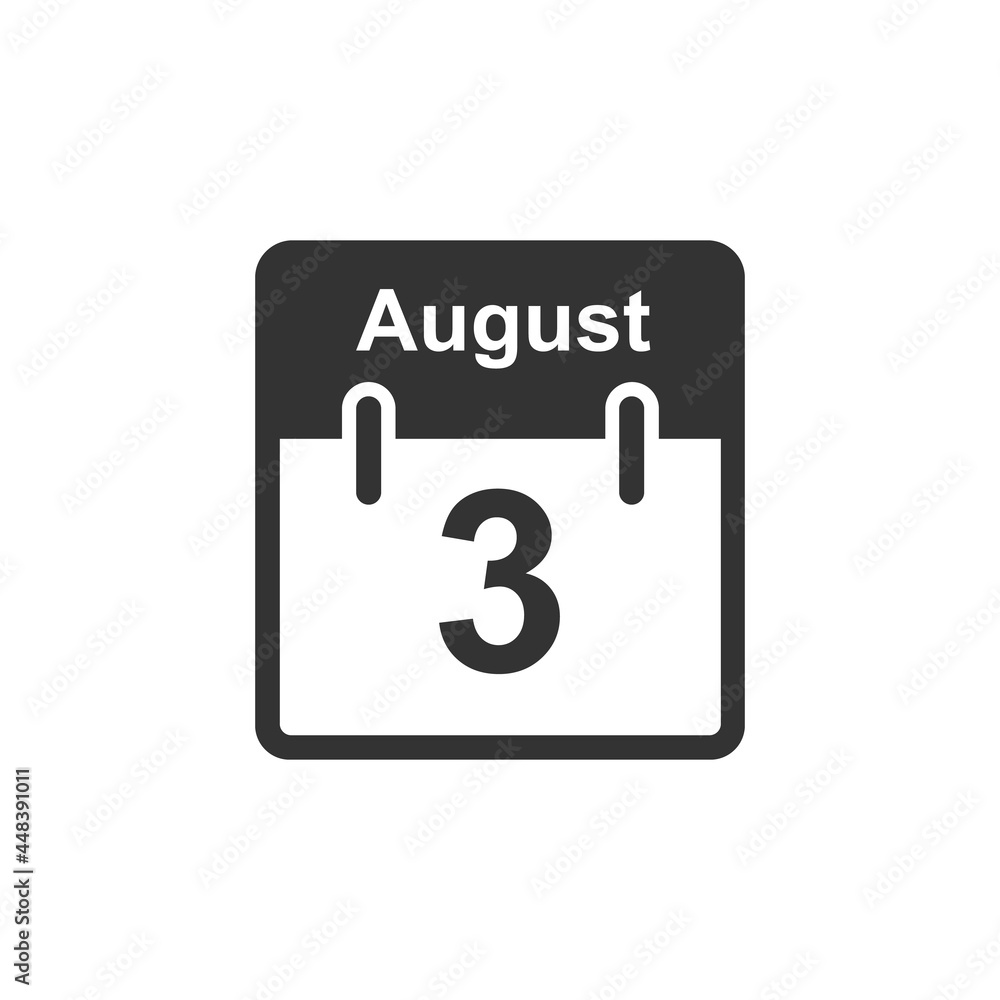 August 3 Calendar icon.Vector illustration,flat style Date,day of month Sunday Monday Tuesday Wednesday Thursday Friday Saturday. Weekend red letter day. Holidays in August. August 3 Calendar icon.Vector illustration,flat style Date,day of month Sunday Monday Tuesday Wednesday Thursday Friday Saturday. Weekend red letter day. Holidays in August.