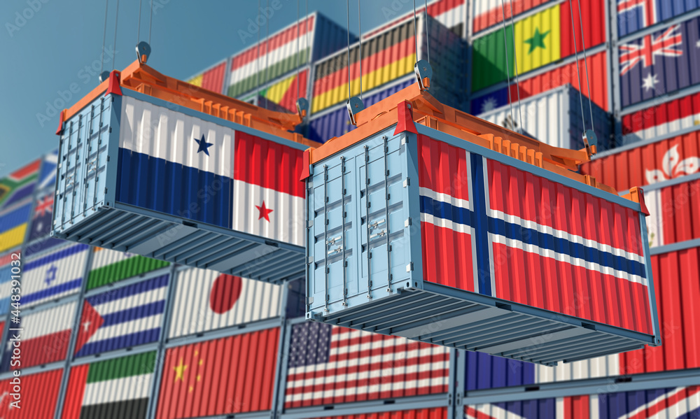 Freight containers with Panama and Norway flag. 3D Rendering 