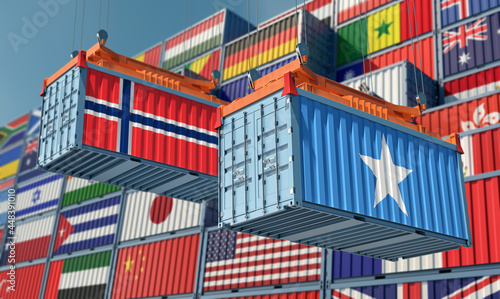 Freight containers with Somalia and Norway flag. 3D Rendering  © Marius Faust