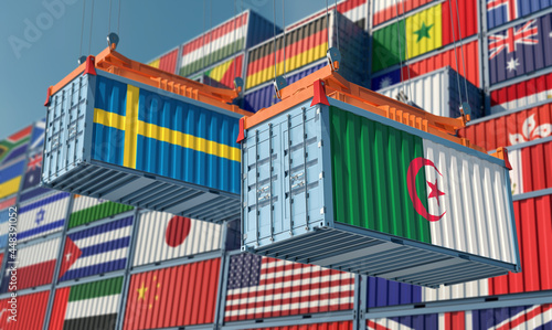 Freight containers with Sweden and Algeria flag. 3D Rendering 