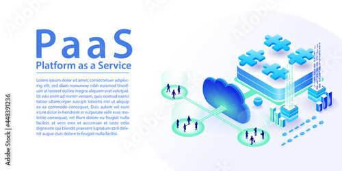 PaaS platform as a service concept infographic. Isometric 3d vector illustration of different modules purchased via the cloud by end users