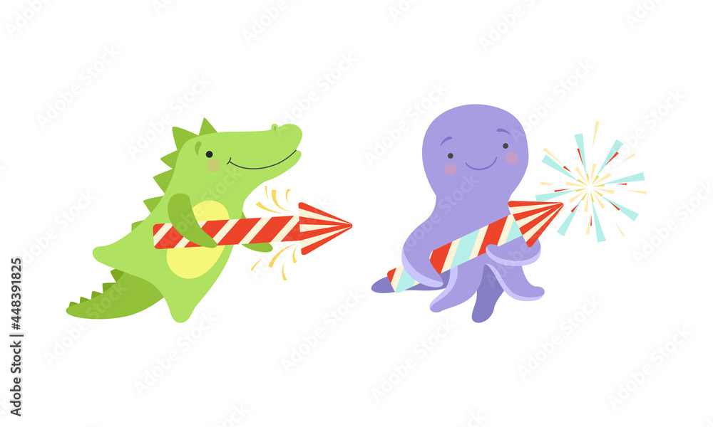 Cute Animal with Fireworks Enjoying Holiday Celebration Vector Set Cute Animal with Fireworks Enjoying Holiday Celebration Vector Set