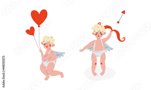 Cute Blond Cupid Boy Holding Balloons and Shooting Arrow with Bow Vector Set