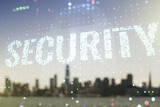 Virtual cyber security creative concept on blurry skyline background. Double exposure