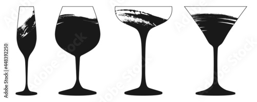Set of black grunge wine cocktail and champagne glasses icons isolated on a white background.