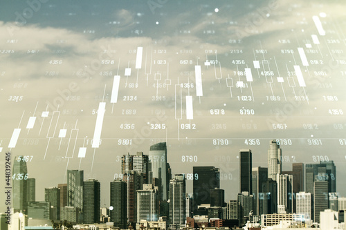 Abstract virtual stats data hologram on Los Angeles skyline background. Multiexposure