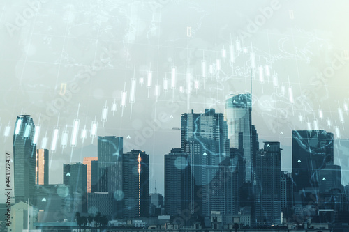 Multi exposure of virtual abstract financial chart hologram and world map on Los Angeles skyscrapers background, research and analytics concept