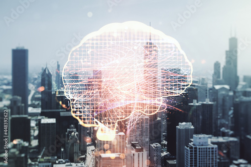 Double exposure of creative human brain microcircuit hologram on Chicago office buildings background. Future technology and AI concept