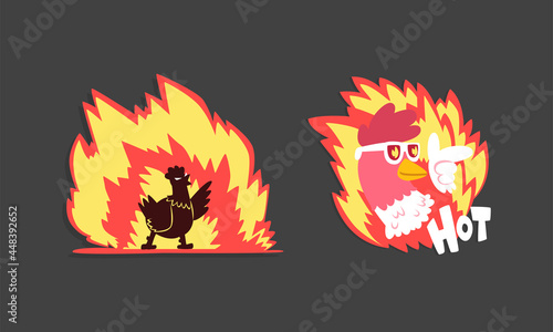 Hot Spicy Chicken with Fire as Grill and Roast Sticker Vector Set