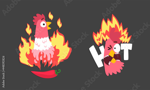 Hot Spicy Chicken with Fire and Chilli Pepper as Grill and Roast Sticker Vector Set