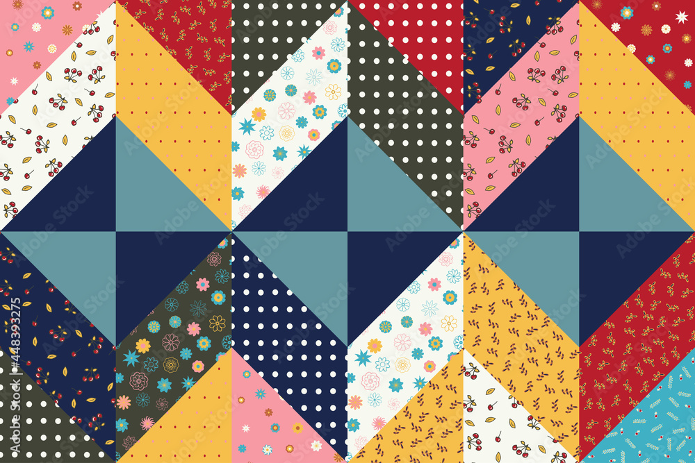 Seamless pattern of a patchwork quilt made from pieces of fabric with different patterns. Floral ornament, polka dots, autumn colors. Seamless pattern of a patchwork quilt made from pieces of fabric with different patterns. Floral ornament, polka dots, autumn colors.