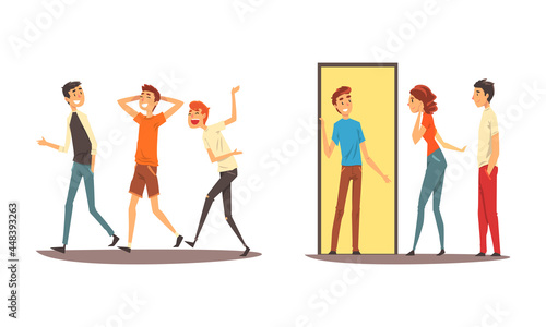 Company of Friends Spending Time Together Walking and Talking Vector Set