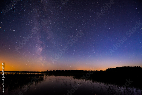 Stars and the Milky Way in the sky over the lake