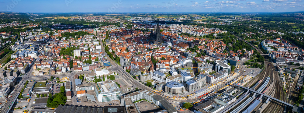 Aerial view of the old town of the city Ulm with the cathedral in Germany on a sunny day in spring.