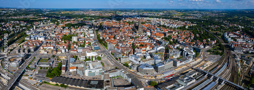 Aerial view of the old town of the city Ulm with the cathedral in Germany on a sunny day in spring.