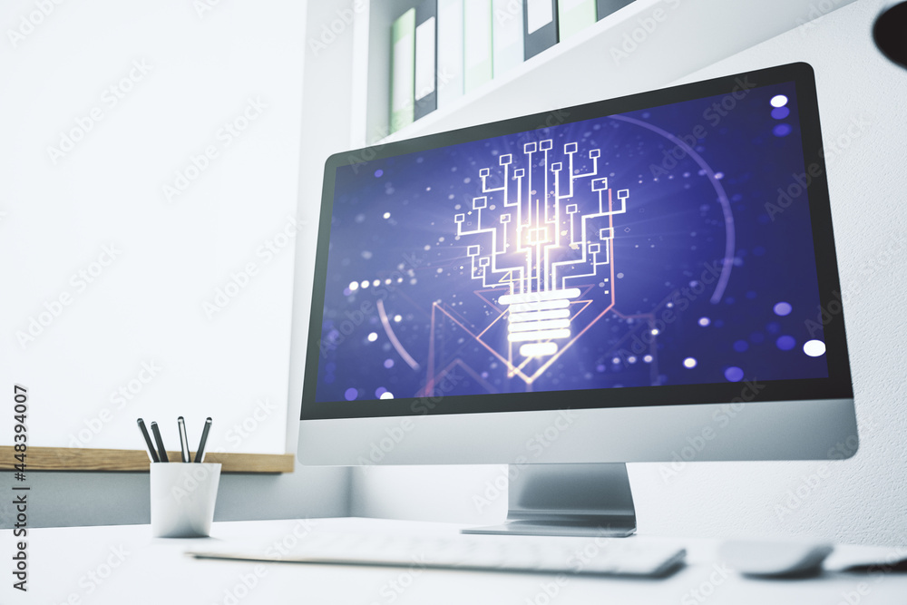 Creative light bulb with chip hologram on modern laptop monitor, artificial Intelligence and neural networks concept. 3D Rendering Creative light bulb with chip hologram on modern laptop monitor, artificial Intelligence and neural networks concept. 3D Rendering