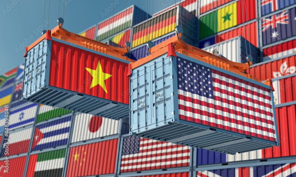 Freight containers with USA and Vietnam flag. 3D Rendering 
