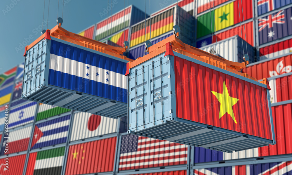 Freight containers with Honduras and Vietnam flag. 3D Rendering 