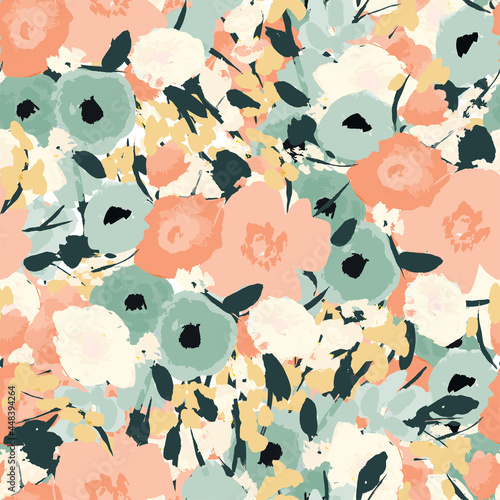 Seamless pattern with bright flowers drawn by paint