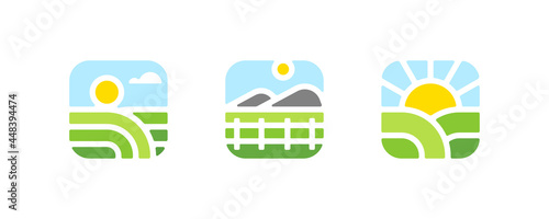 Farm logo mark template or icon of rural landscape with sun, field and mountain. Set of modern geometric emblems or badges for natural agriculture, organic food industry or harvesting campaign