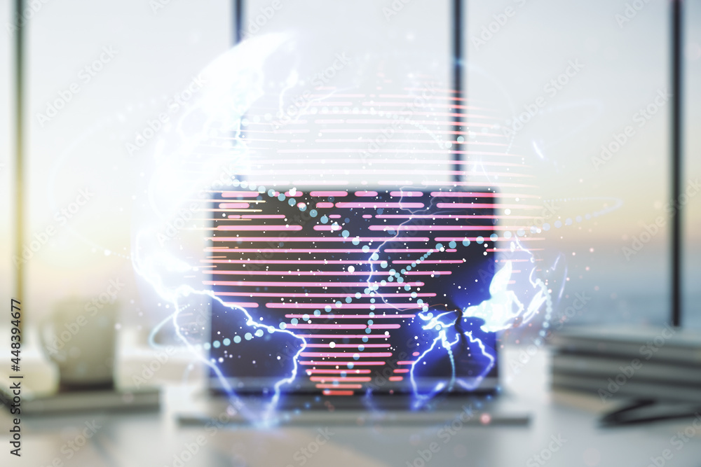 Double exposure of abstract digital world map with connections on computer background, big data and blockchain concept Double exposure of abstract digital world map with connections on computer background, big data and blockchain concept