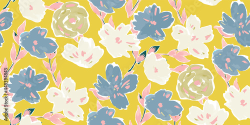 Simple seamless pattern of hand drawn gouache flowers, abstract colorful background.