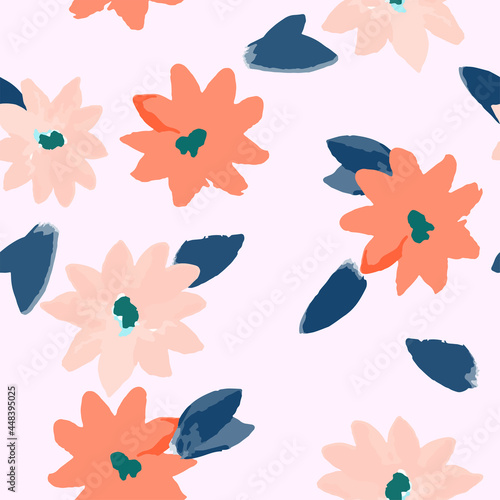 VectorSimple seamless pattern of hand drawn gouache flowers, colorful botanical illustration, floral elements, hand drawn repeatable background. Artistic backdrop.