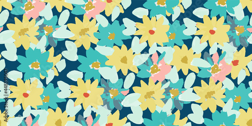 VectorSimple seamless pattern of hand drawn gouache flowers, colorful botanical illustration, floral elements, hand drawn repeatable background. Artistic backdrop.