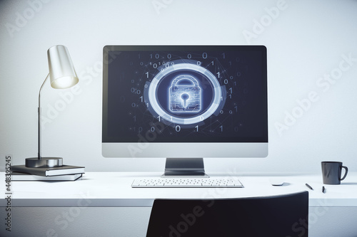 Creative lock sketch with chip hologram on modern computer monitor, protection of personal data concept. 3D Rendering