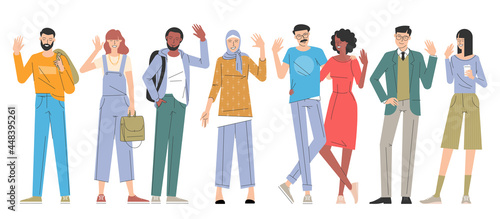 Young men and women greeting characters