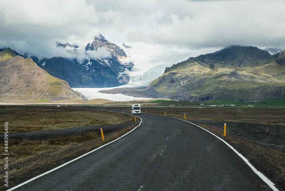 south Iceland ring road with view to the glacier south Iceland ring road with view to the glacier