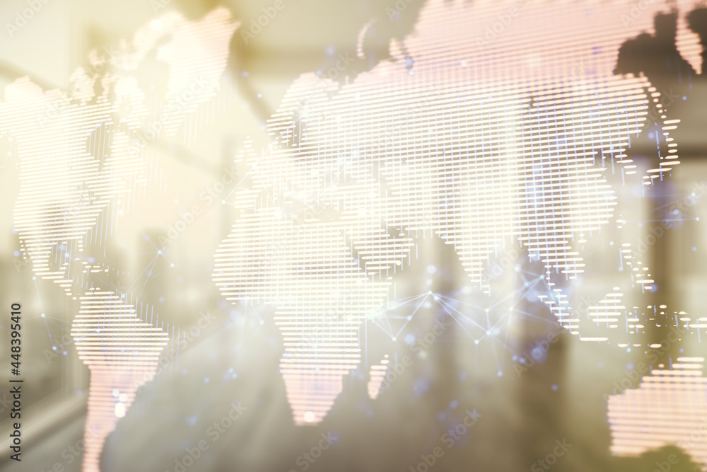 Multi exposure of abstract graphic world map hologram on abstract empty interior background, connection and communication concept Multi exposure of abstract graphic world map hologram on abstract empty interior background, connection and communication concept