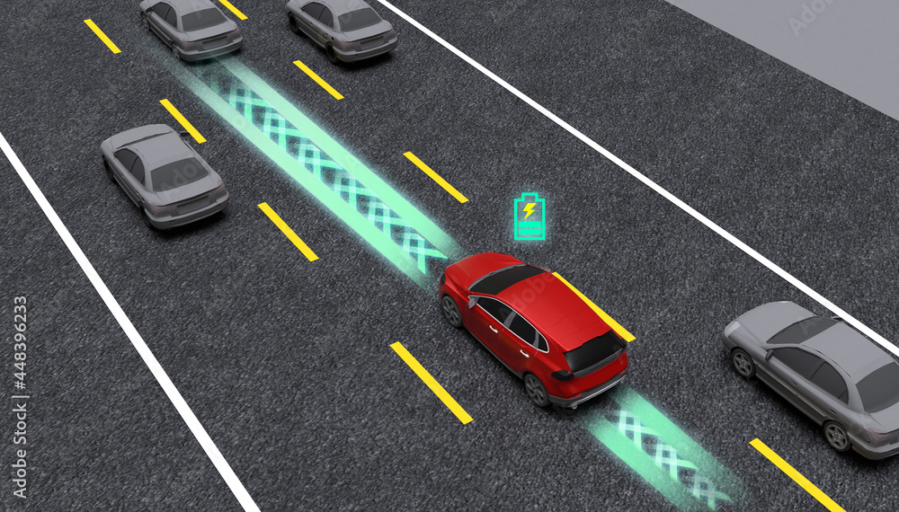 Concept of Electric road, or electric road system (ERS) is a road which  supplies wireless charging through inductive coils embedded in the road  Illustration Stock | Adobe Stock