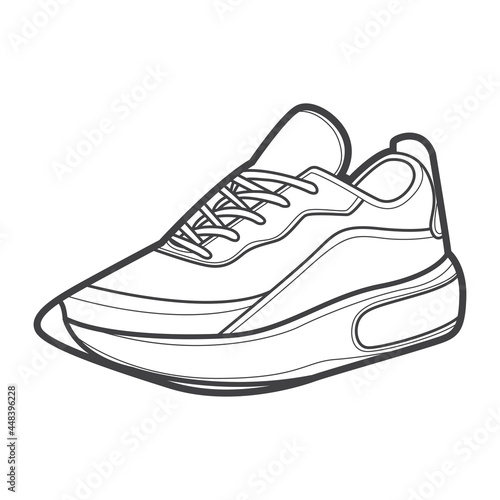 Sneakers. Shoes sneaker outline drawing vector, Sneakers drawn in a sketch style, black line sneaker trainers template outline, vector Illustration.