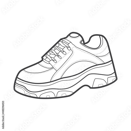 Sneakers. Shoes sneaker outline drawing vector, Sneakers drawn in a sketch style, black line sneaker trainers template outline, vector Illustration.