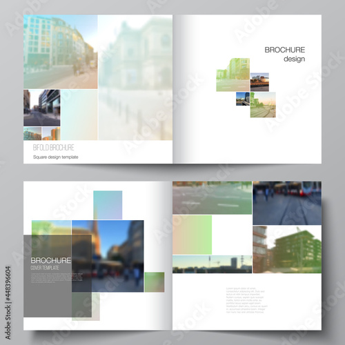 Vector layout of two covers templates for square design bifold brochure, flyer, magazine, cover design, book design, brochure cover. Abstract project with clipping mask green squares for your photo.