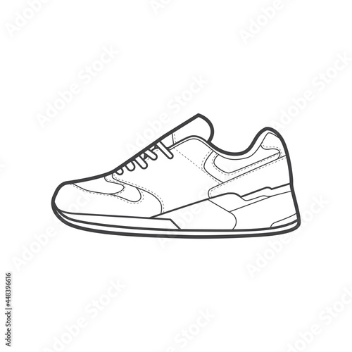 Sneakers. Shoes sneaker outline drawing vector, Sneakers drawn in a sketch style, black line sneaker trainers template outline, vector Illustration.
