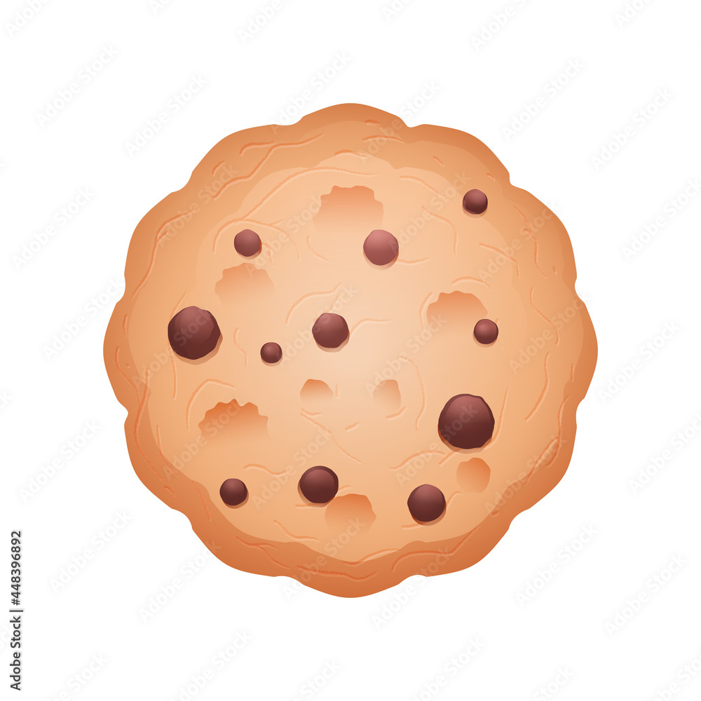 Round cookies with chocolate chips. Cartoon icon on a white background. Cooking. Culinary background. Vector illustration of a cartoon. White background. Vector icon. Isolated vector illustration. Round cookies with chocolate chips. Cartoon icon on a white background. Cooking. Culinary background. Vector illustration of a cartoon. White background. Vector icon. Isolated vector illustration.