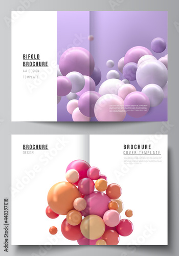 Vector layout of two A4 cover mockup templates for bifold brochure, flyer, magazine, cover design, book design. Abstract vector futuristic background with colorful 3d spheres, glossy bubbles, balls.