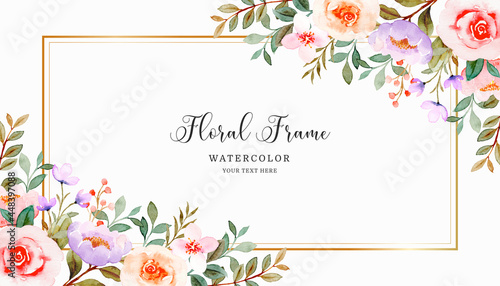 Watercolor rose flower with golden frame