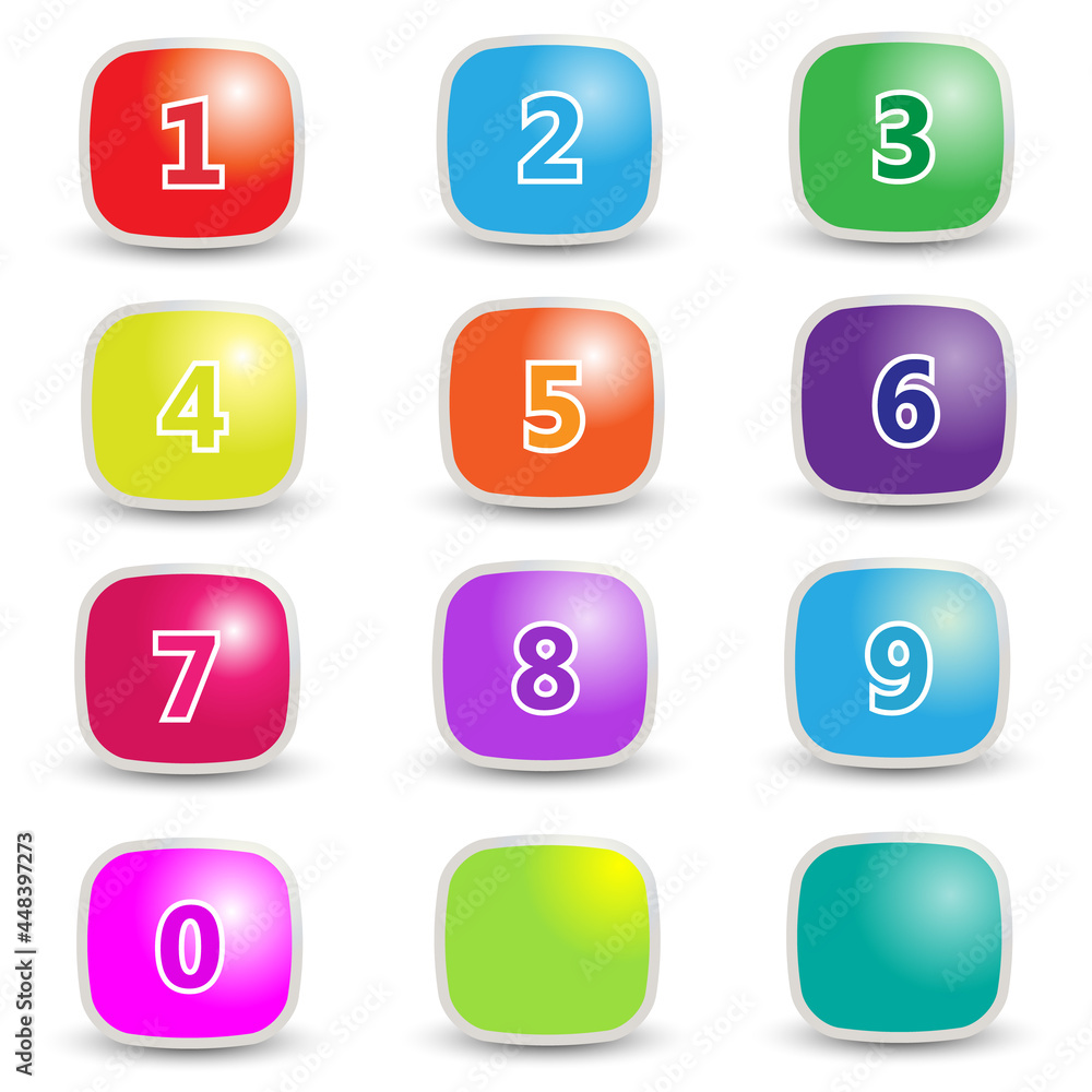 Number in bright colored squares with stickers and shadows Number in bright colored squares with stickers and shadows